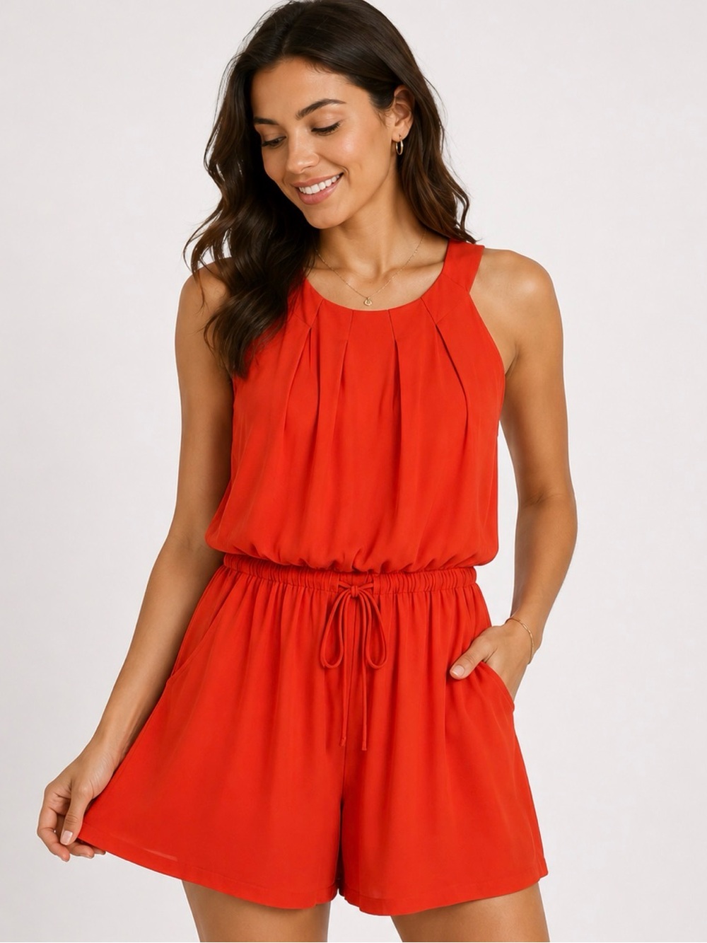 Emma & Michele Bold Coral-Red Sleeveless Romper